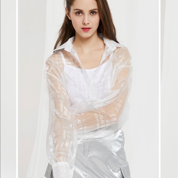 Storets Audrey plaid organza sheer collared shirt button up oversized - Picture 5 of 10